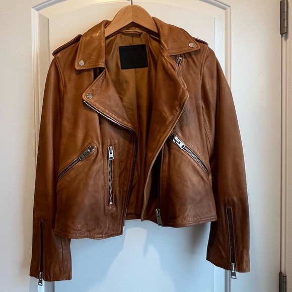 AllSaints Fern Dipdye Biker Sheep
Leather Moto Jacket Cognac Brown
Size US 4 - Picture 5 of 15